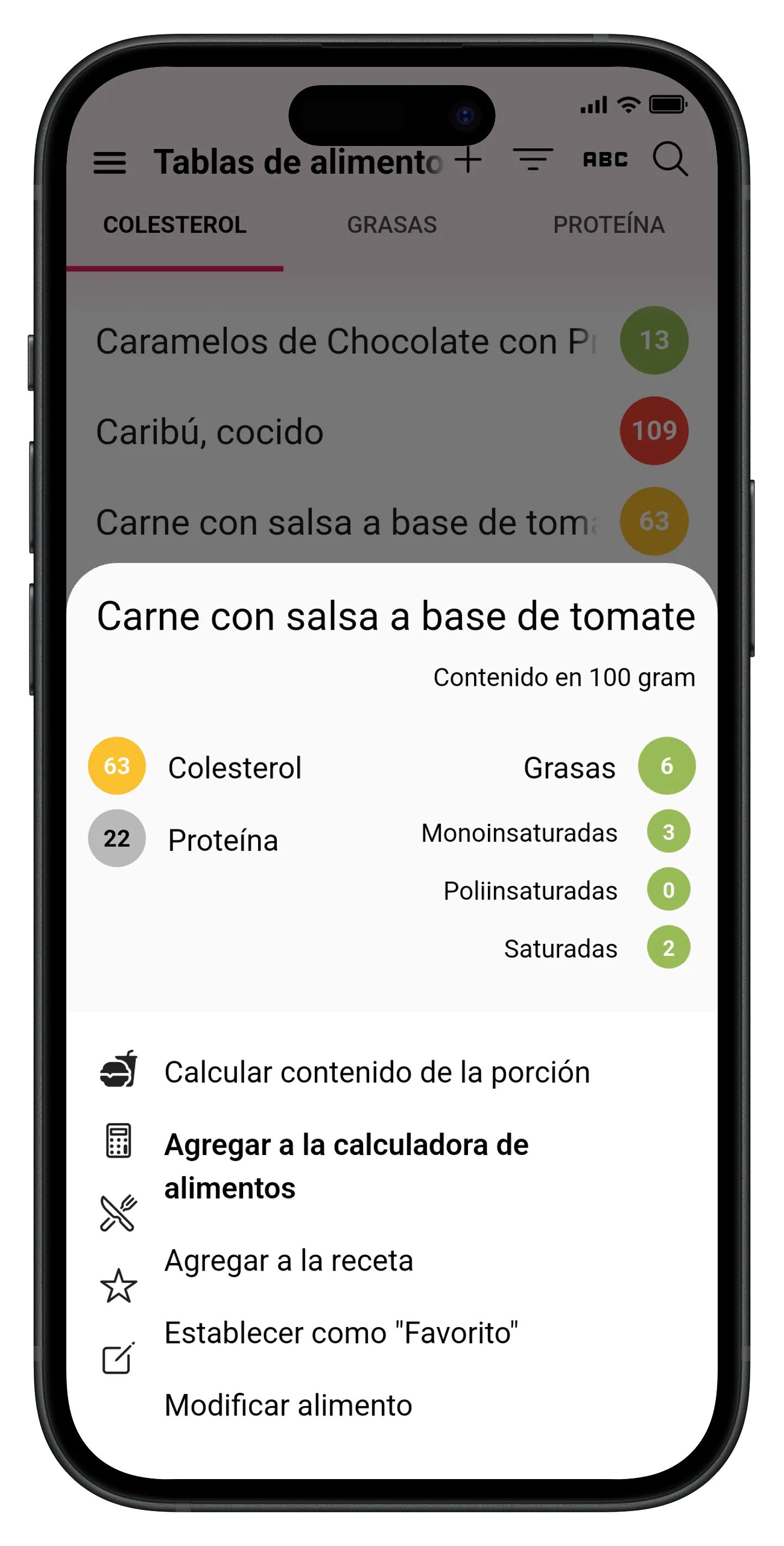 Lista de alimentos con valores asociados de colesterol y grasa
