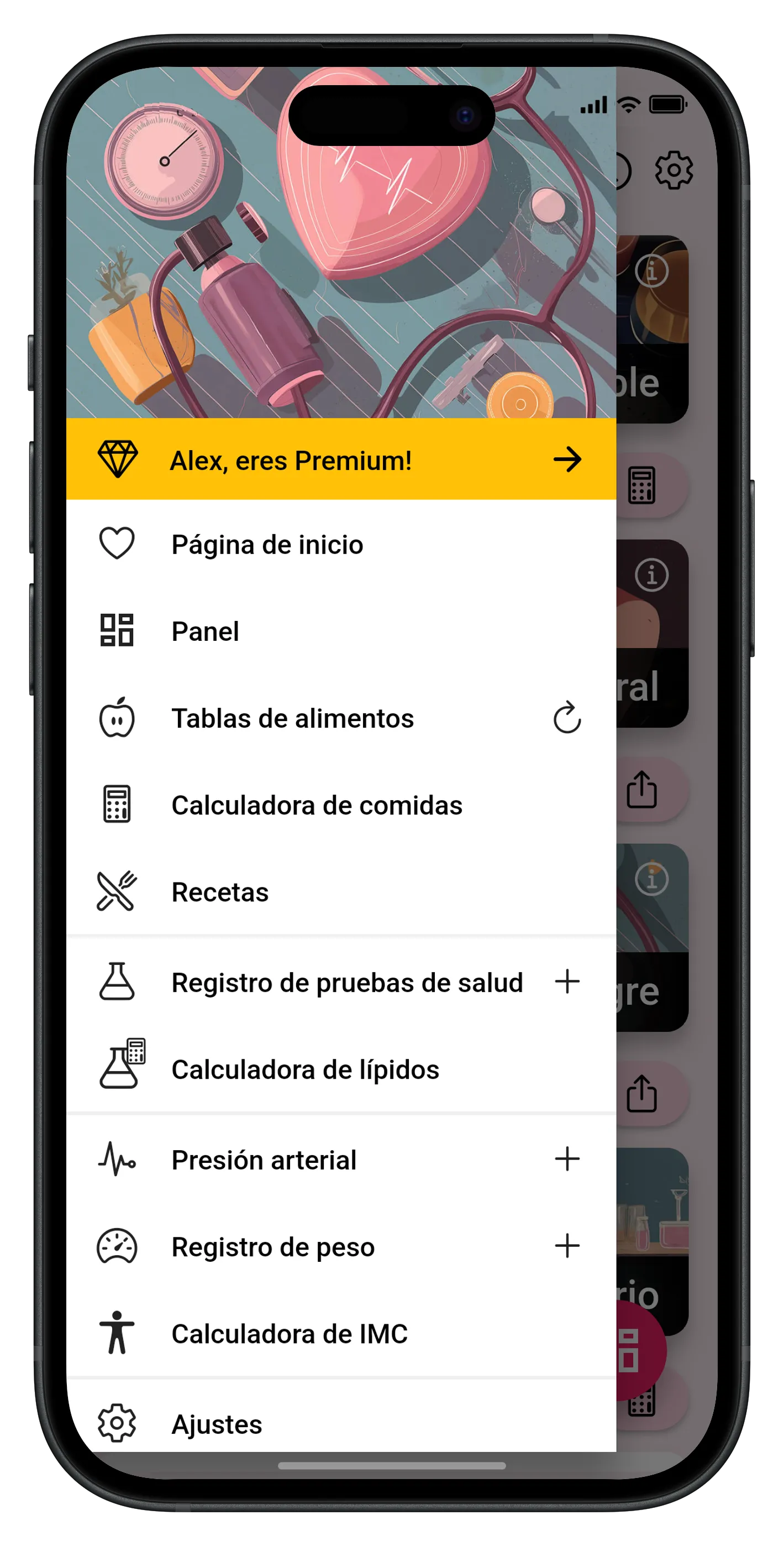 Menú lateral de navegación con acceso rápido a todas las herramientas