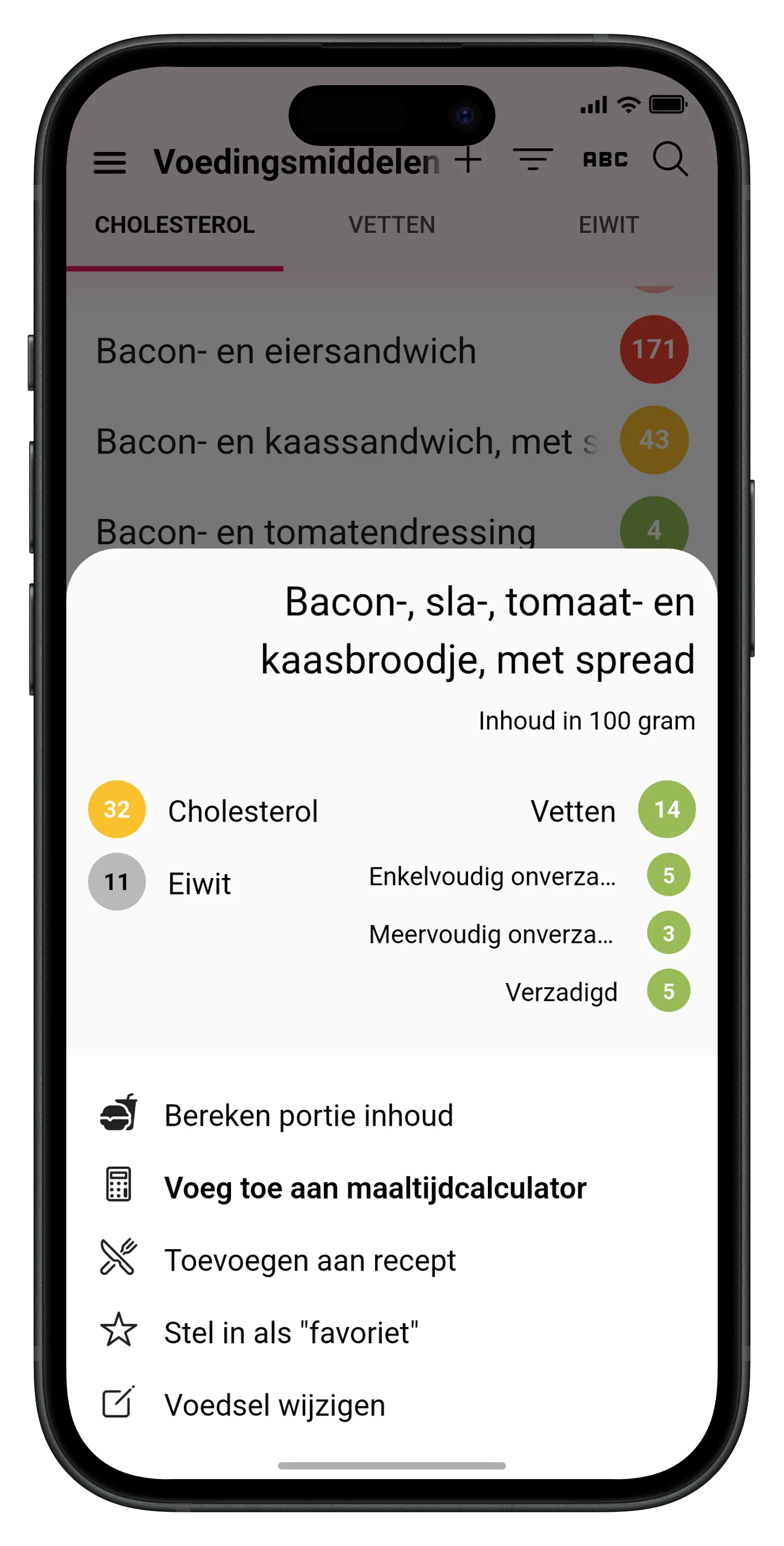 Lijst met voedingsmiddelen met bijbehorende cholesterol- en vetwaarden