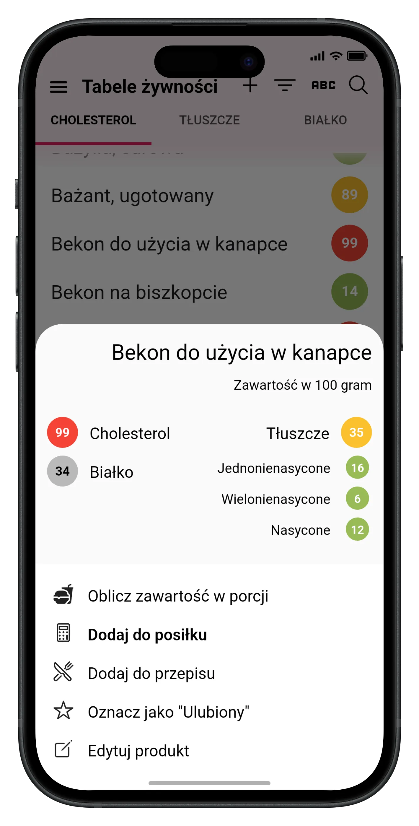 Lista produktów z przypisanymi wartościami cholesterolu i tłuszczu