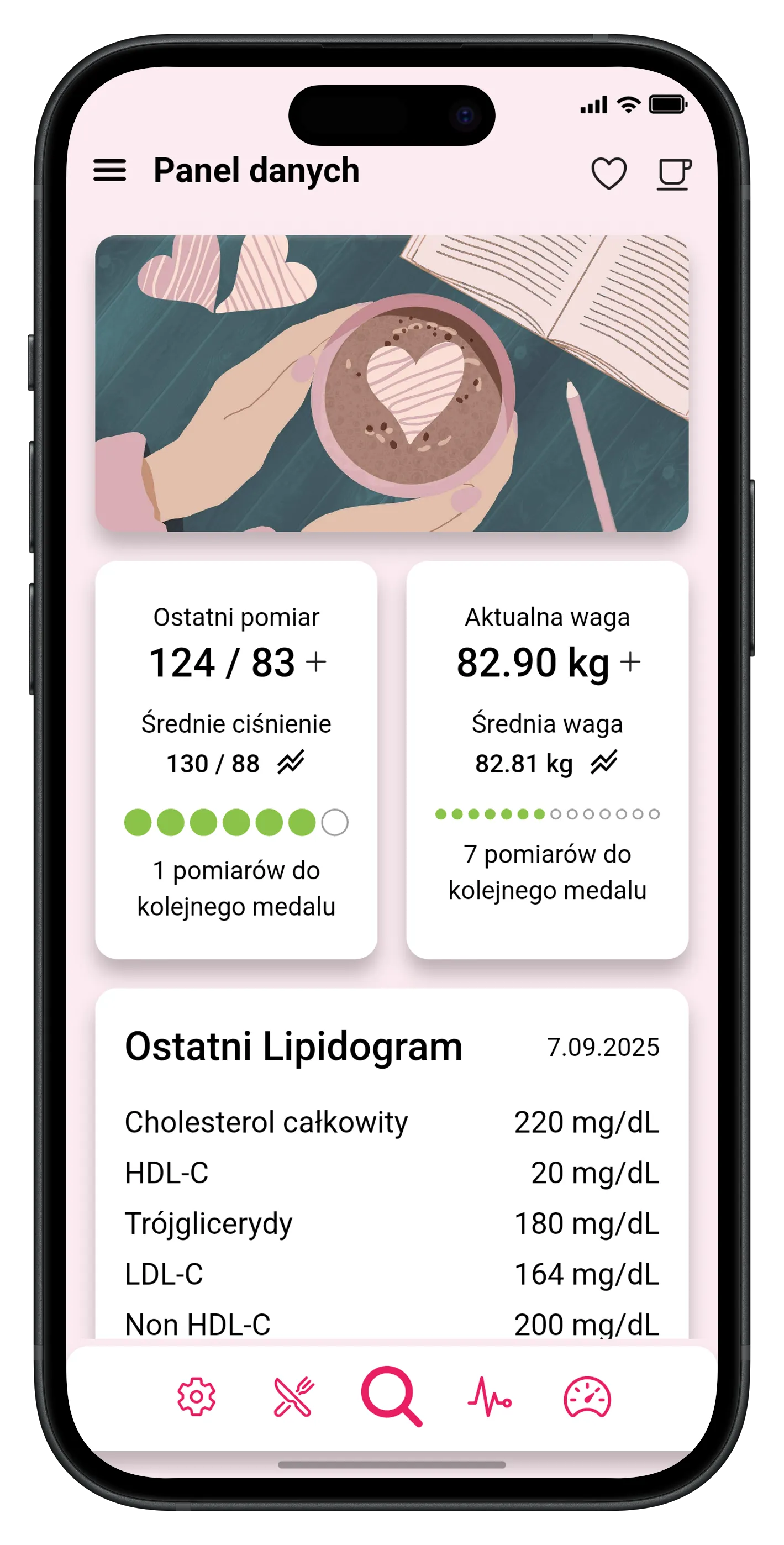 Główny panel pokazujący wagę, ciśnienie krwi i profil lipidowy